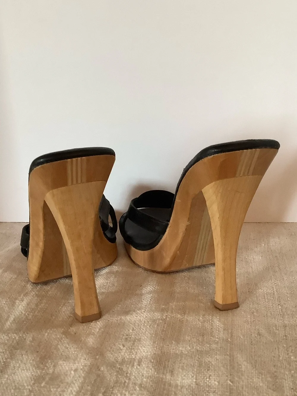Rare Y2K USA Made Wood Leather Platform Heel Avant-Garde David & Saul. Sz 7